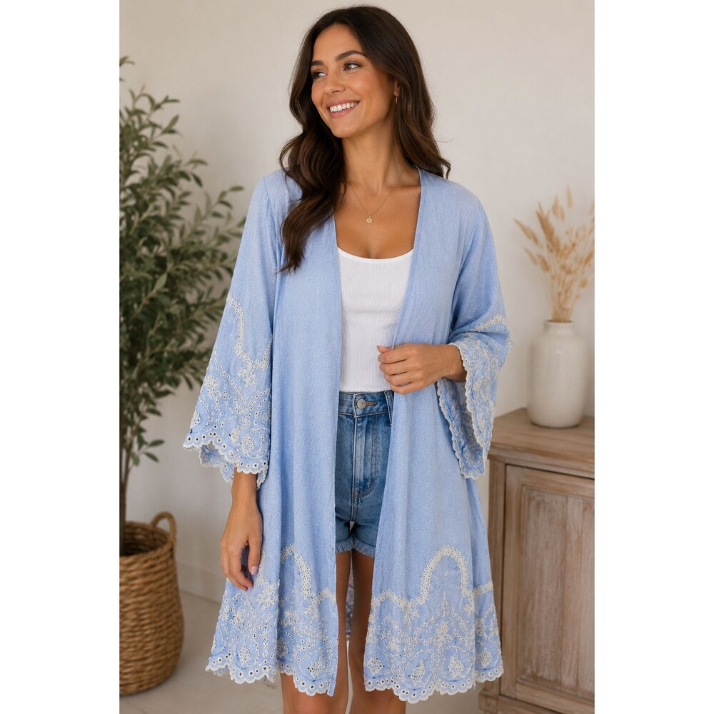 Kimono Duster Womens Medium Boho Cottagecore Beach Festival Embroidered Cover Up